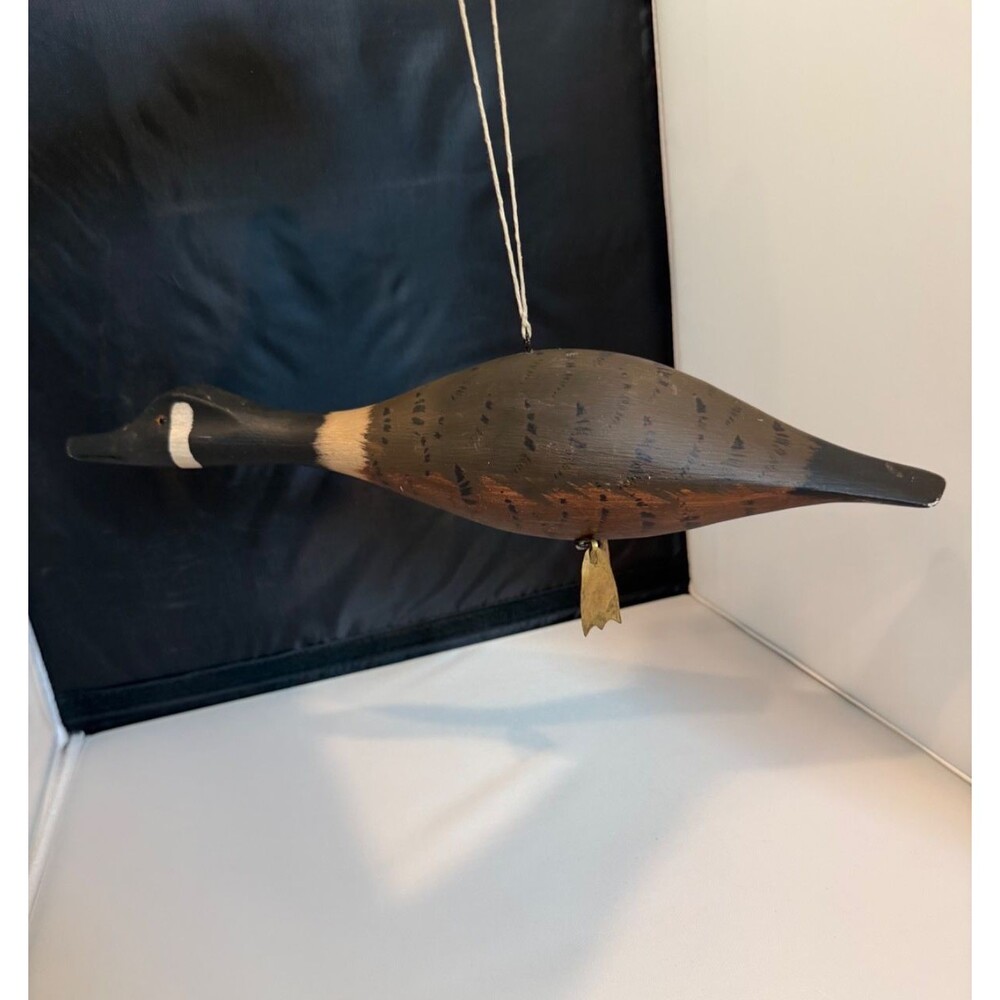 Vintage Hand Carved Wood Canada Goose Hanging Folk Art Bird Brass Feet 15"